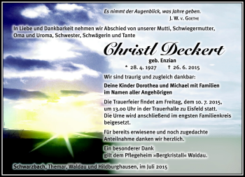 Traueranzeige von Christl Deckert von Südthüringer Presse