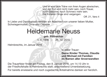 Traueranzeige von Heidemarie Neuss von Frankenpost