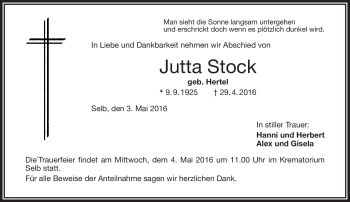 Traueranzeige von Jutta Stock von Frankenpost