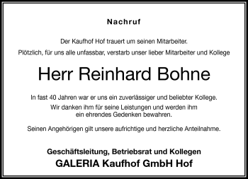 Traueranzeige von Reinhard Bohne von Frankenpost