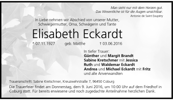 Traueranzeige von Elisabeth Eckardt von Neue Presse Coburg