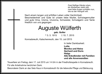 Traueranzeige von Auguste Wülferth von Frankenpost