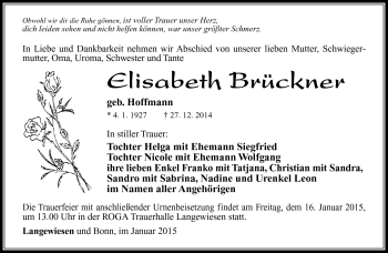 Traueranzeige von Elisabeth Brückner von Südthüringer Presse