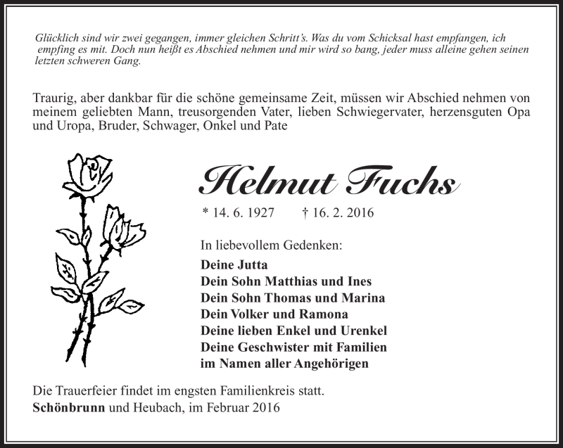  Traueranzeige für Helmut Fuchs vom 27.02.2016 aus Südthüringer Presse