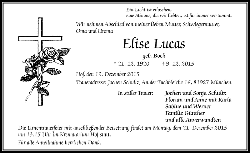  Traueranzeige für Elise Lucas vom 19.12.2015 aus Frankenpost