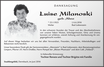 Traueranzeige von Luise Milanoski von Südthüringer Presse