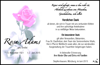 Traueranzeige von Rosa Adams von Südthüringer Presse