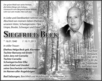 Traueranzeige von Siegfried Beck von Südthüringer Presse