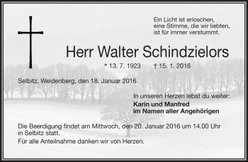 Traueranzeige von Walter Schindzielors von Frankenpost