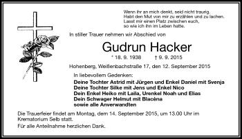 Traueranzeige von Gudrun Hacker von Frankenpost