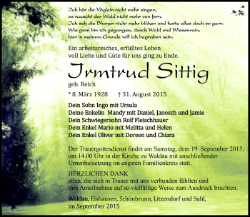 Traueranzeige von Irmtrud Sittig von Südthüringer Presse