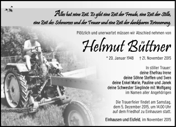Traueranzeige von Helmut Büttner von Südthüringer Presse