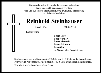 Traueranzeige von Reinhold Steinhauser von Frankenpost