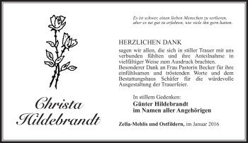 Traueranzeige von Christa Hildebrandt von Südthüringer Presse