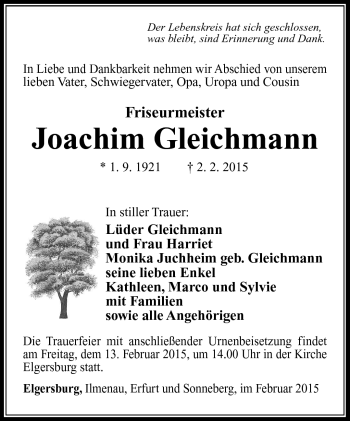 Traueranzeige von Joachim Gleichmann von Südthüringer Presse