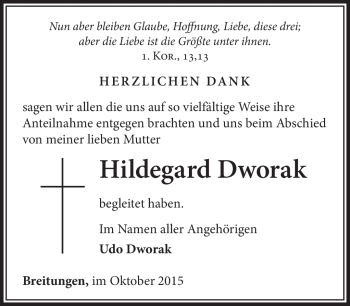 Traueranzeige von Hildegard Dworak von Südthüringer Presse