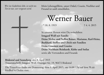 Traueranzeige von Werner Bauer von Neue Presse Coburg