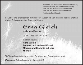 Traueranzeige von Erna Gleich von Südthüringer Presse