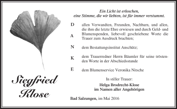 Traueranzeige von Siegfried Klose von Südthüringer Presse