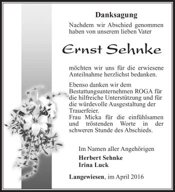 Traueranzeige von Ernst Sehnke von Südthüringer Presse