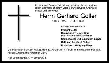 Traueranzeige von Gerhard Goller von Frankenpost
