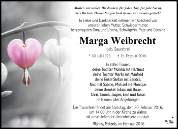 Traueranzeige von Marga Weibrecht von Südthüringer Presse