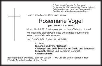 Traueranzeige von Rosemarie Vogel von Frankenpost