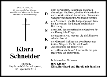 Traueranzeige von Klara Schneider von Südthüringer Presse