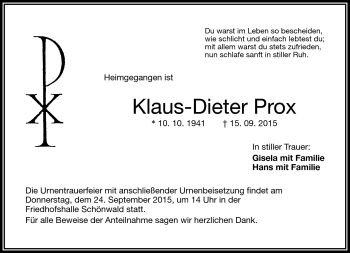 Traueranzeige von Klaus-Dieter Prox von Frankenpost