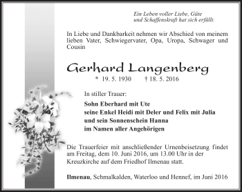 Traueranzeige von Gerhard Langenberg von Südthüringer Presse
