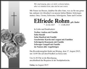 Traueranzeige von Elfriede Rohm von Südthüringer Presse