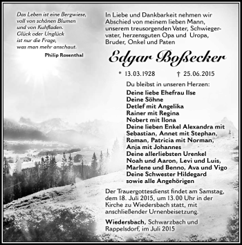 Traueranzeige von Edgar Boßecker von Südthüringer Presse