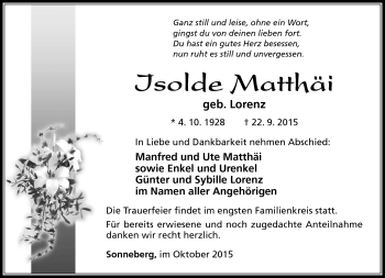 Traueranzeige von Isolde Matthäi von Südthüringer Presse