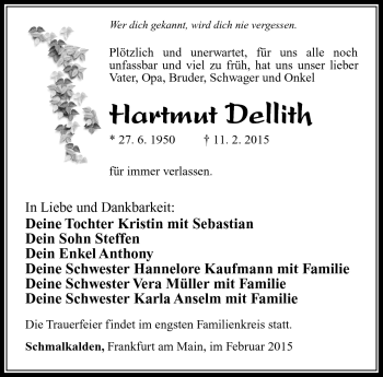 Traueranzeige von Hartmuth Dellith von Südthüringer Presse