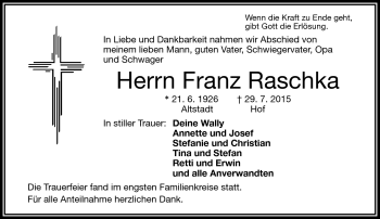 Traueranzeige von Franz Raschka von Frankenpost