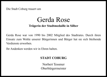 Traueranzeige von Gerda Rose von Neue Presse Coburg