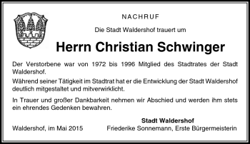 Traueranzeige von Christian Schwinger von Frankenpost