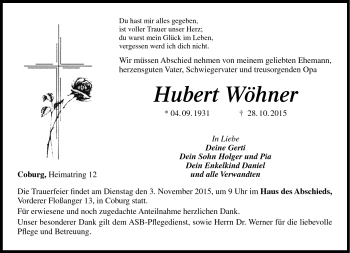 Traueranzeige von Hubert Wöhner von Neue Presse Coburg