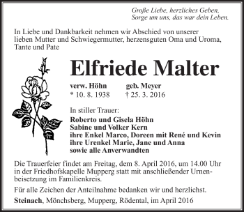 Traueranzeige von Elfirede Malter von Südthüringer Presse