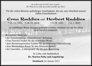 Traueranzeige von Erna und Herbert Ruddies von Südthüringer Presse