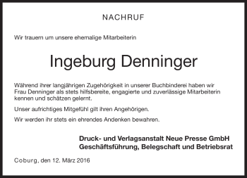 Traueranzeige von Ingeburg Deininger von Neue Presse Coburg