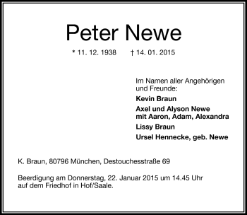 Traueranzeige von Peter Newe von Frankenpost