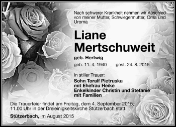Traueranzeige von Liane Mertschuweit von Südthüringer Presse