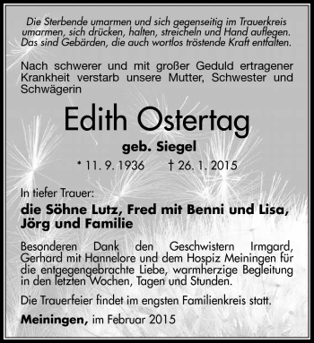 Traueranzeige von Edith Ostertag von Südthüringer Presse