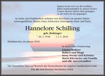 Traueranzeige von Hannelore Schilling von Frankenpost