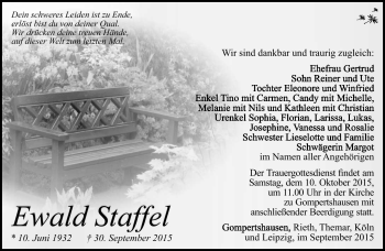 Traueranzeige von Ewald Staffel von Südthüringer Presse