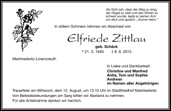 Traueranzeige von Elfriede Zittlau von Frankenpost