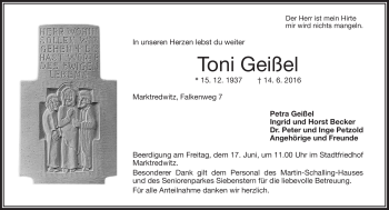 Traueranzeige von Toni Geißel von Frankenpost