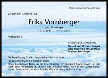 Traueranzeige von Erika Vornberger von Frankenpost