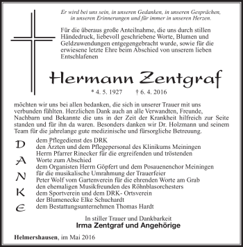 Traueranzeige von Hermann Zentgraf von Südthüringer Presse